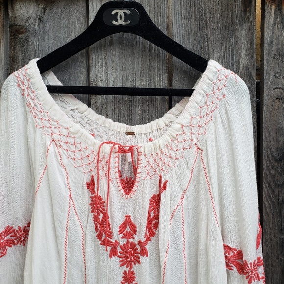 Free People Tops - Free People White Red Embroidered Boho Top